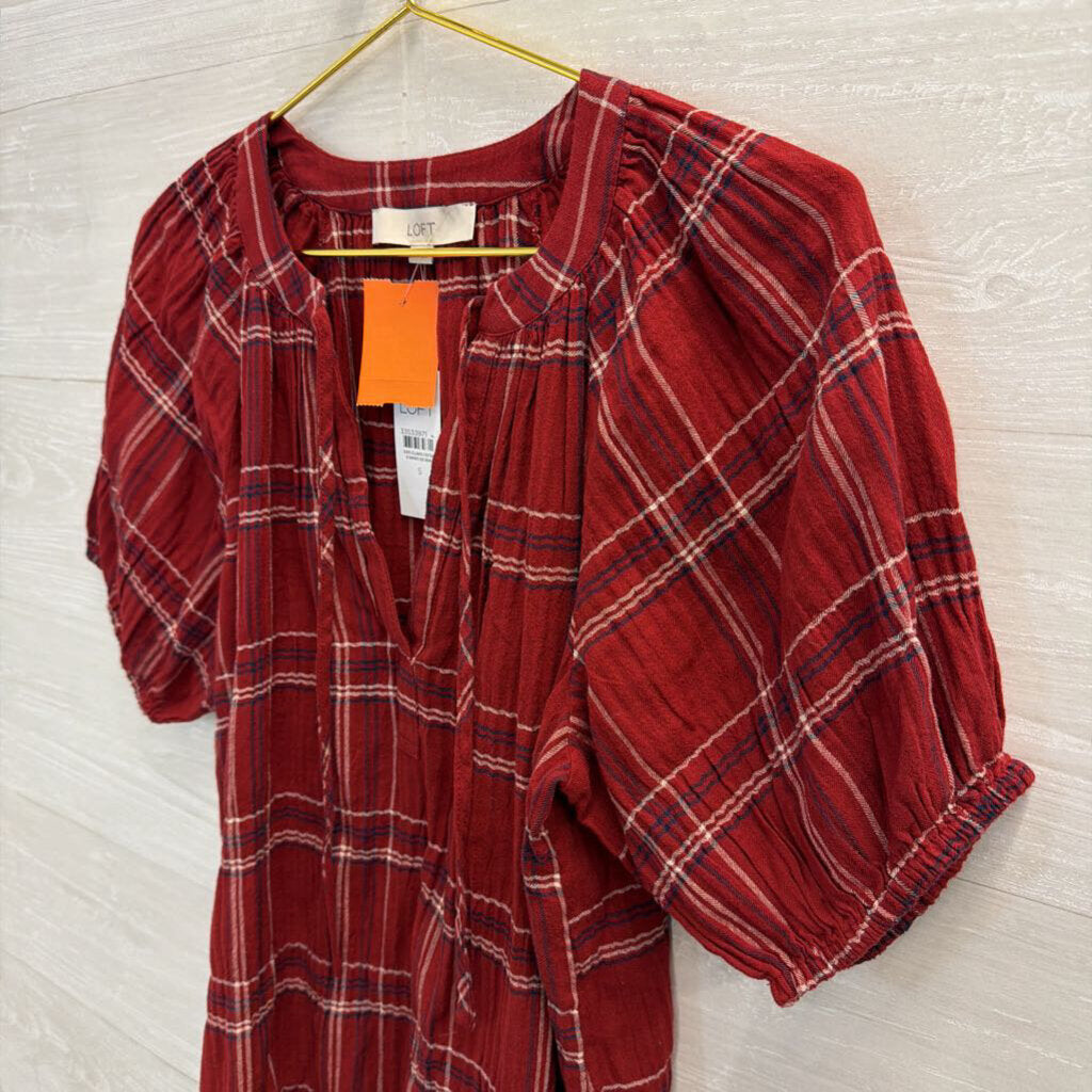 Loft Red Plaid Short Puff Sleeve Top Small