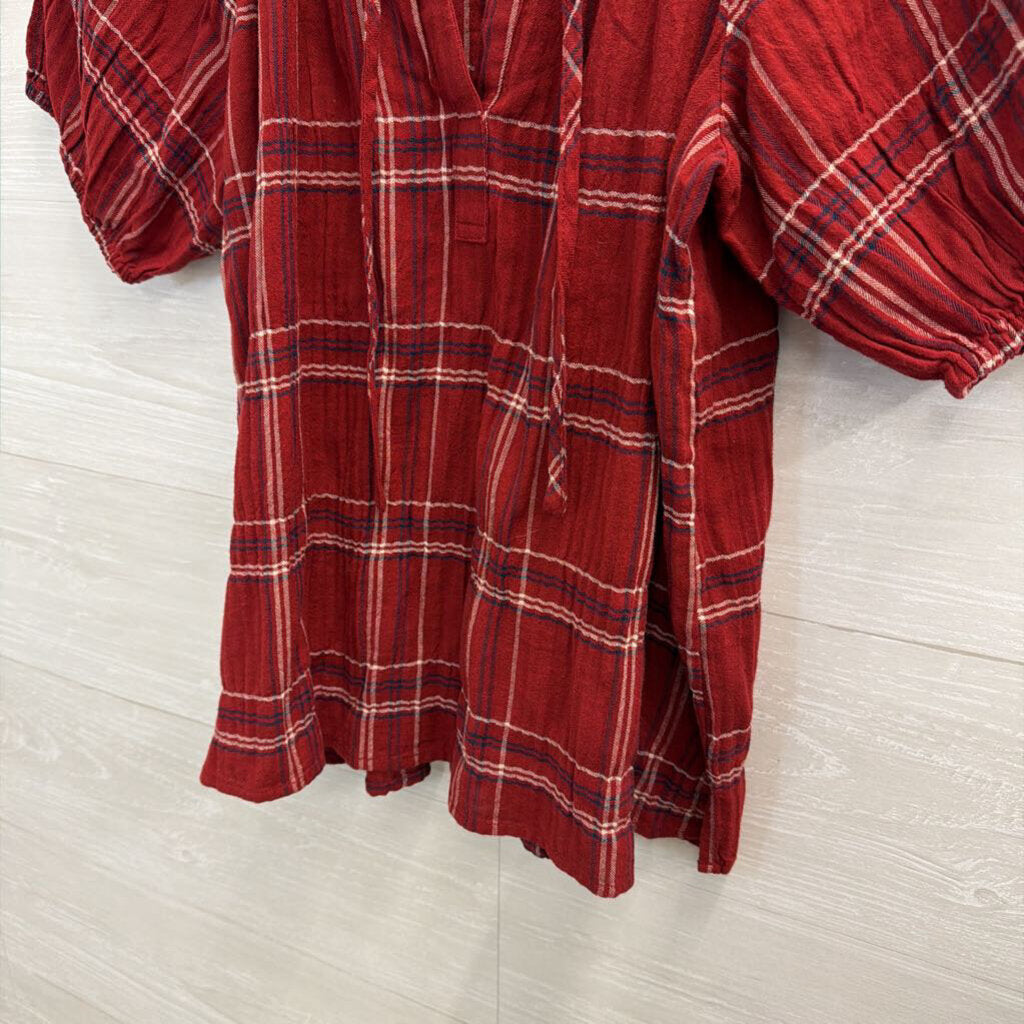 Loft Red Plaid Short Puff Sleeve Top Small