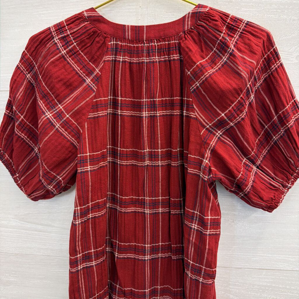 Loft Red Plaid Short Puff Sleeve Top Small