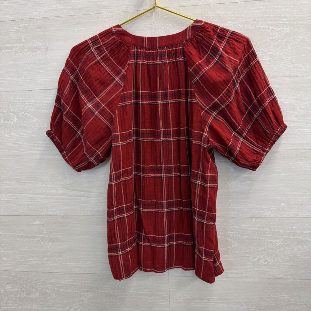 Loft Red Plaid Short Puff Sleeve Top Small