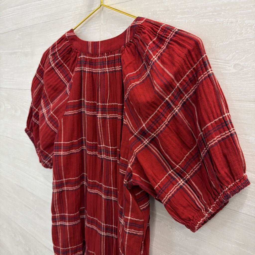 Loft Red Plaid Short Puff Sleeve Top Small