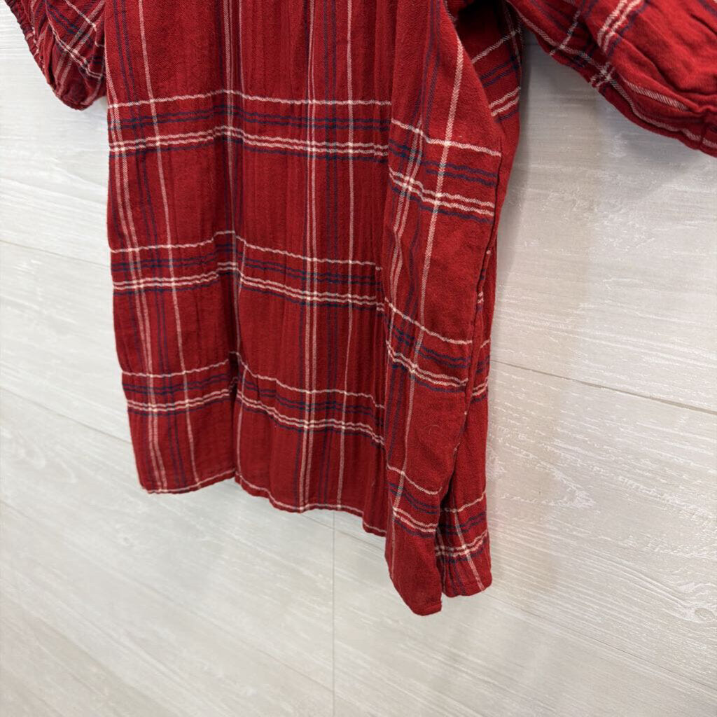 Loft Red Plaid Short Puff Sleeve Top Small
