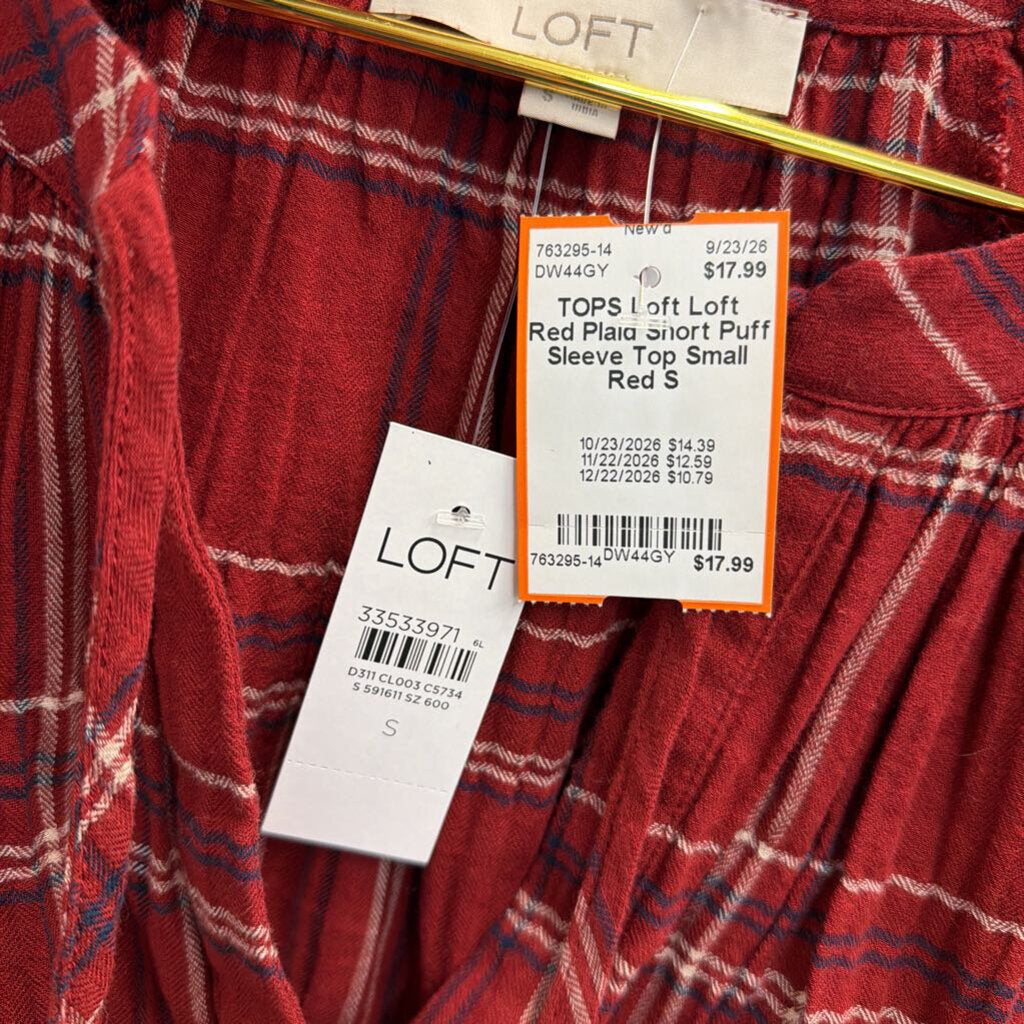 Loft Red Plaid Short Puff Sleeve Top Small