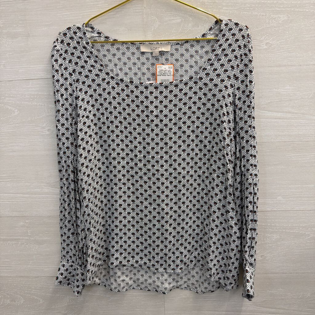 Loft White/ Navy Print Long Sleeve Top Small