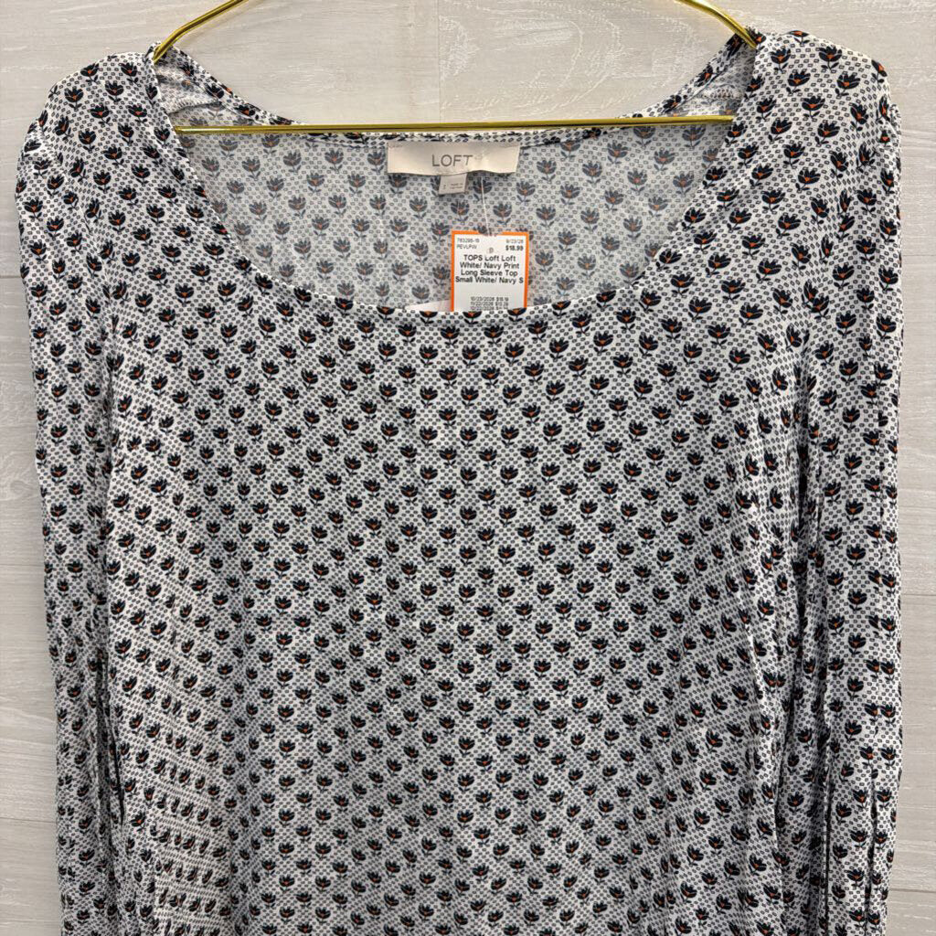 Loft White/ Navy Print Long Sleeve Top Small