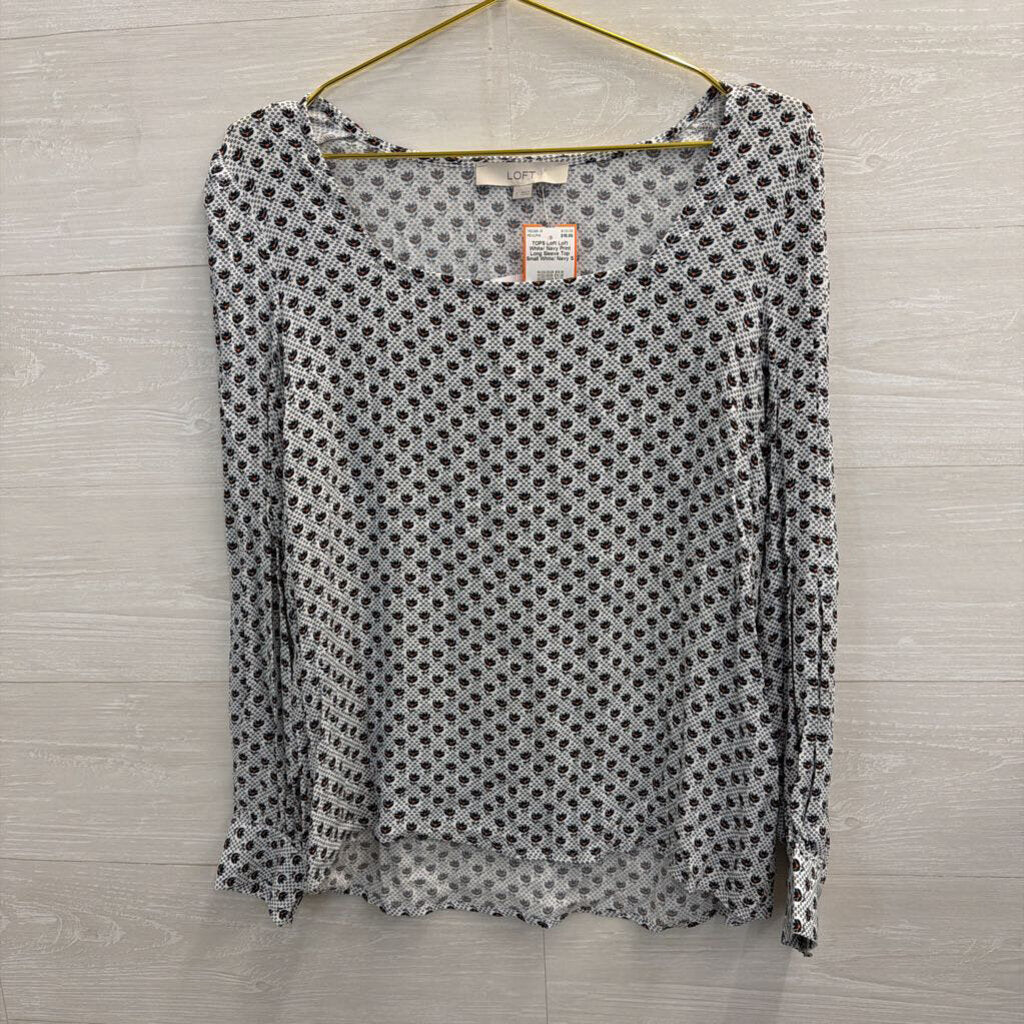 Loft White/ Navy Print Long Sleeve Top Small