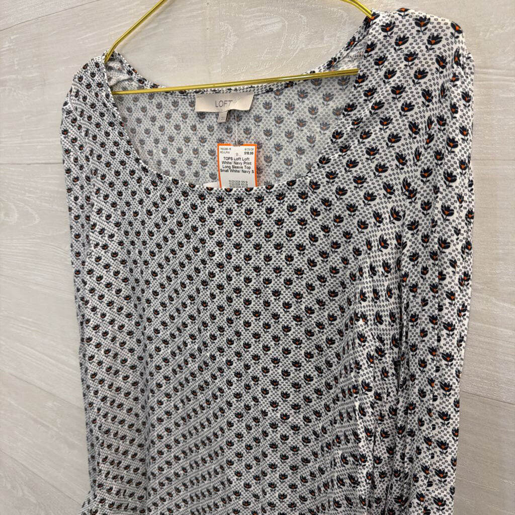 Loft White/ Navy Print Long Sleeve Top Small