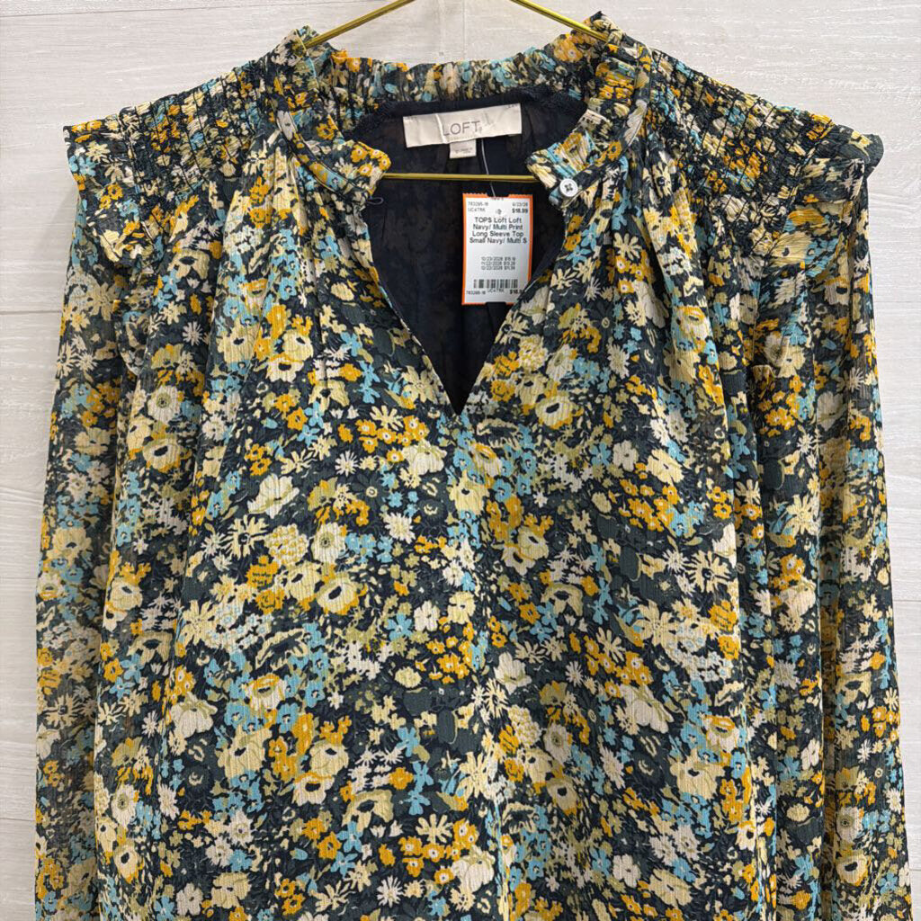 Loft Navy/ Multi Print Long Sleeve Top Small
