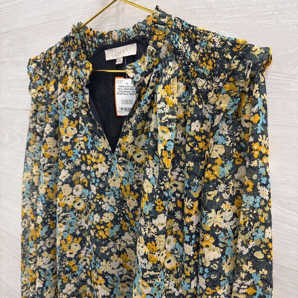 Loft Navy/ Multi Print Long Sleeve Top Small