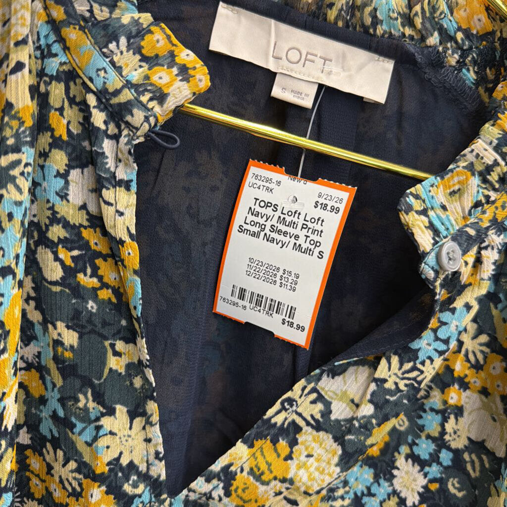 Loft Navy/ Multi Print Long Sleeve Top Small