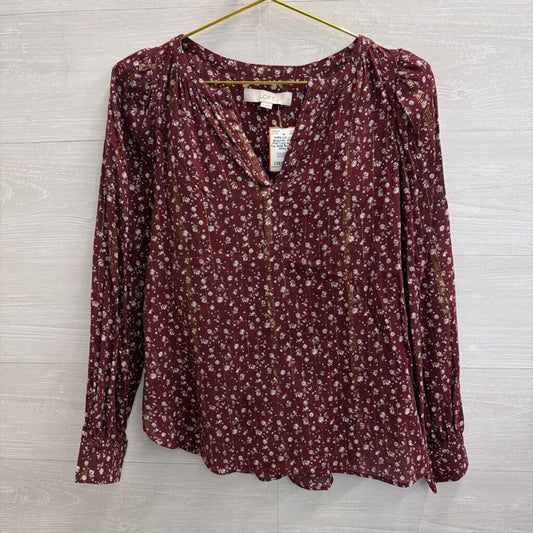 Loft Burgundy/ White Print Long Sleeve Top Small