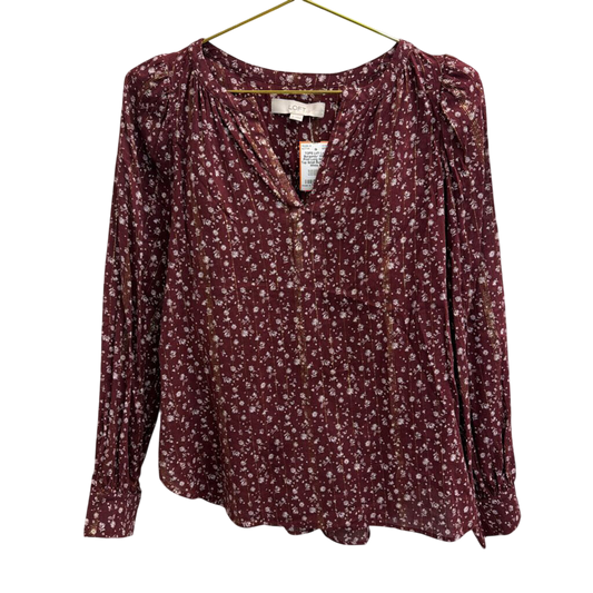 Loft Burgundy/ White Print Long Sleeve Top Small