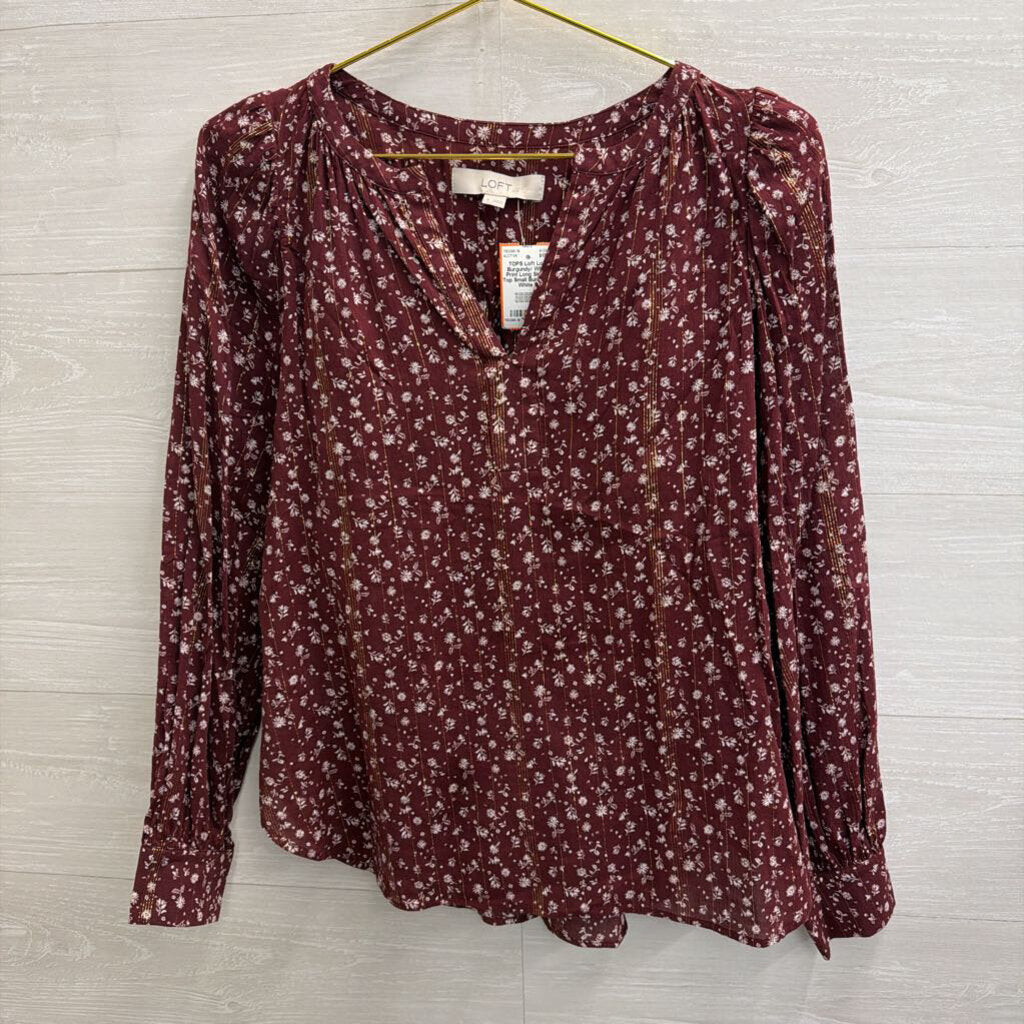 Loft Burgundy/ White Print Long Sleeve Top Small