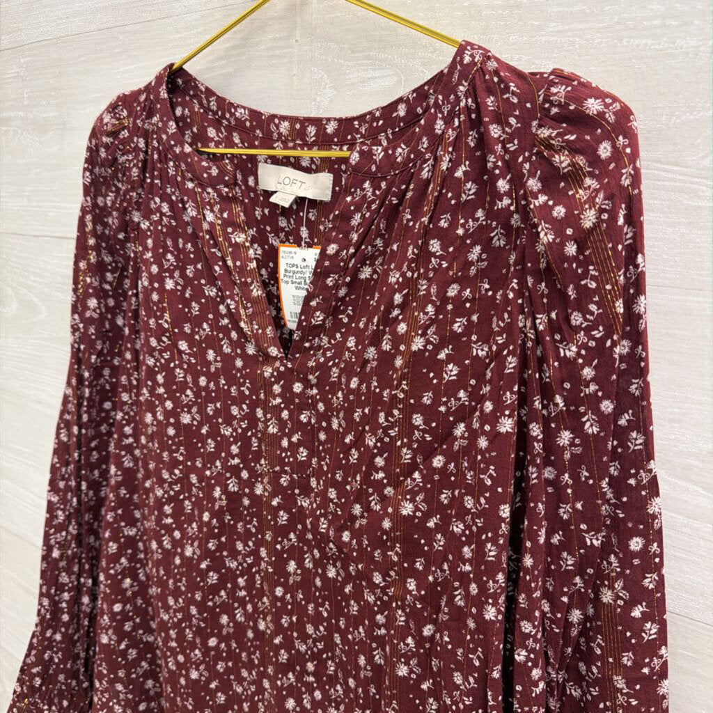 Loft Burgundy/ White Print Long Sleeve Top Small