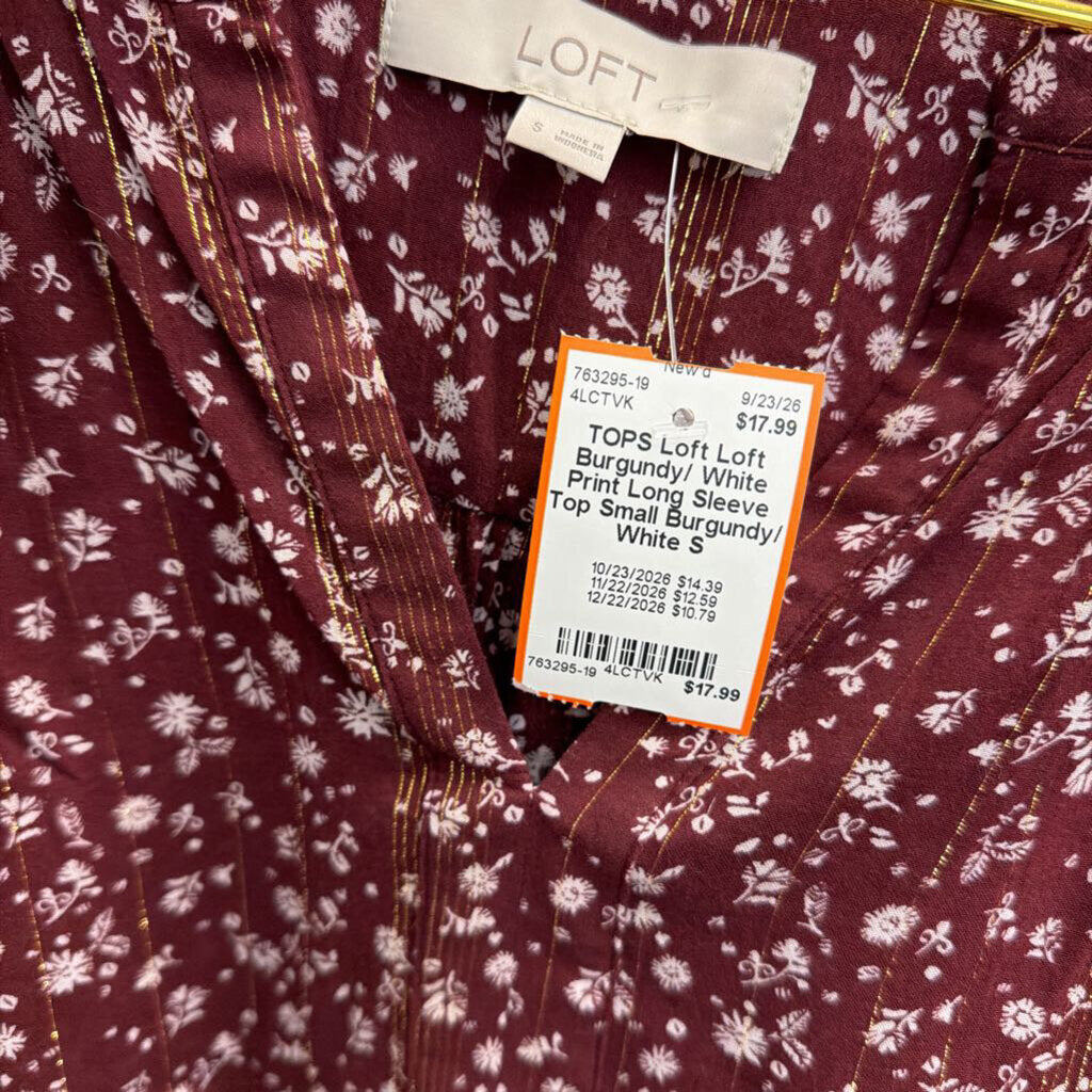 Loft Burgundy/ White Print Long Sleeve Top Small