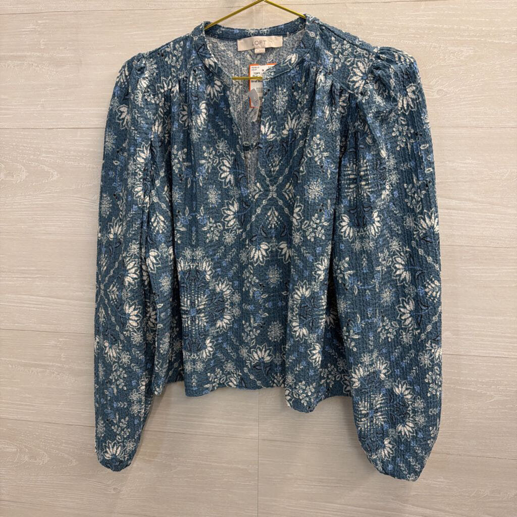 Loft Blue/ White Print Long Sleeve Top Small