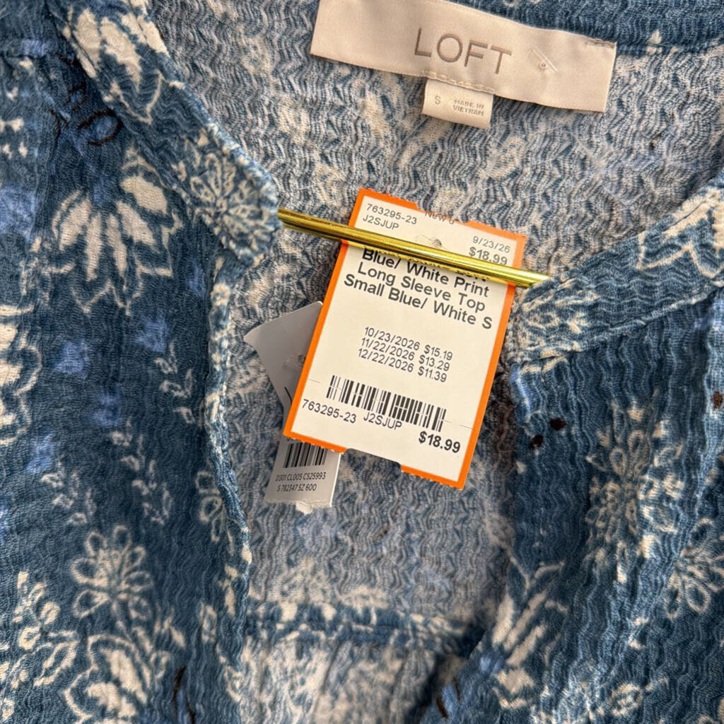 Loft Blue/ White Print Long Sleeve Top Small