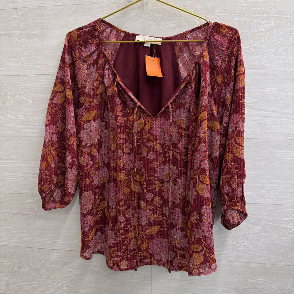 Loft Burgundy/ Orange Print Long Sleeve Top Small
