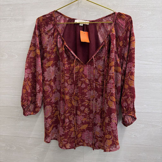 Loft Burgundy/ Orange Print Long Sleeve Top Small