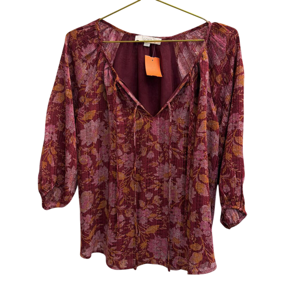 Loft Burgundy/ Orange Print Long Sleeve Top Small