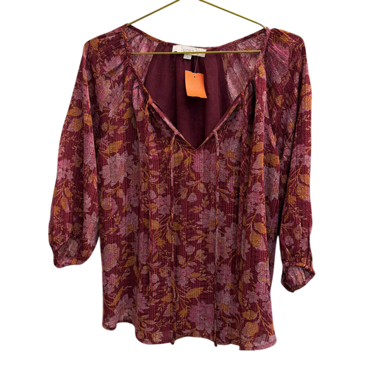 Loft Burgundy/ Orange Print Long Sleeve Top Small