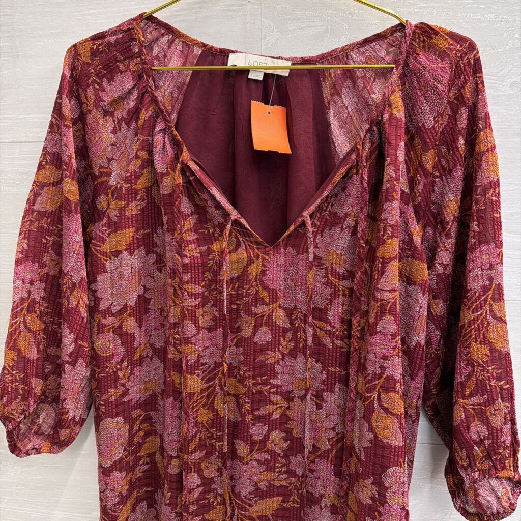 Loft Burgundy/ Orange Print Long Sleeve Top Small