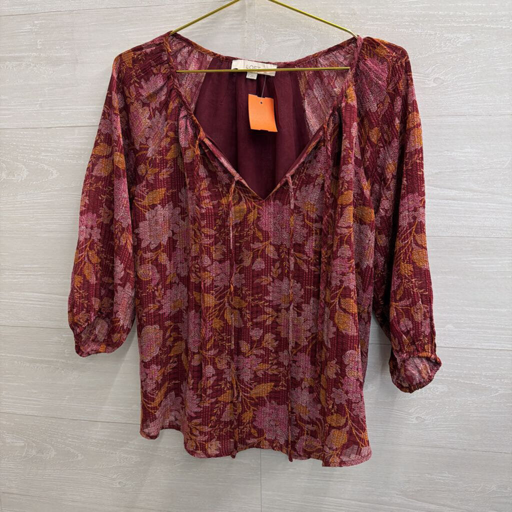 Loft Burgundy/ Orange Print Long Sleeve Top Small