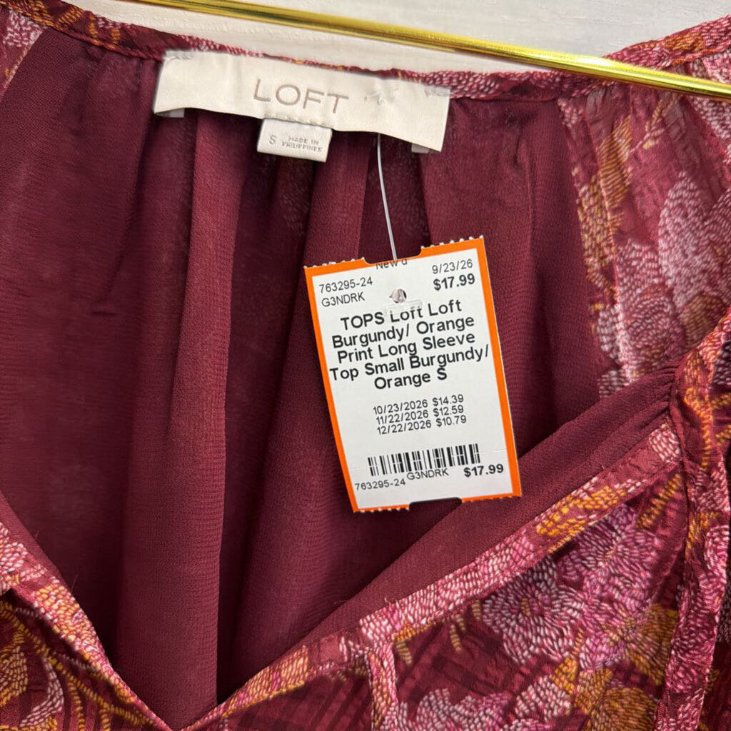 Loft Burgundy/ Orange Print Long Sleeve Top Small