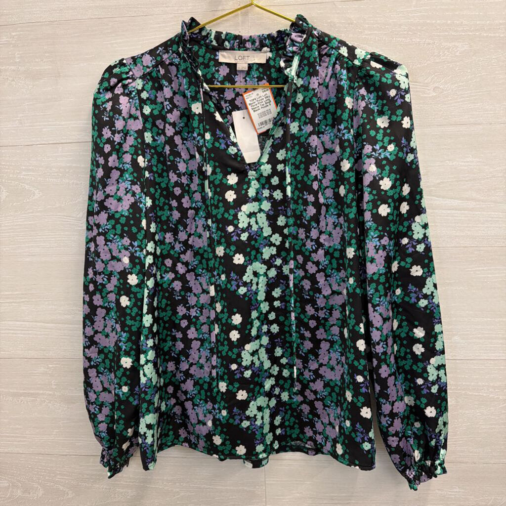 Loft Black/ Purple Silky Floral Print Long Sleeve Top Small