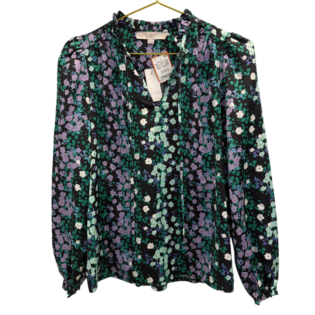 Loft Black/ Purple Silky Floral Print Long Sleeve Top Small