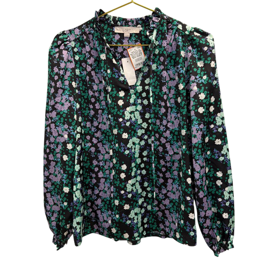 Loft Black/ Purple Silky Floral Print Long Sleeve Top Small