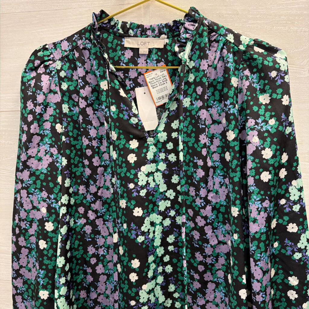 Loft Black/ Purple Silky Floral Print Long Sleeve Top Small