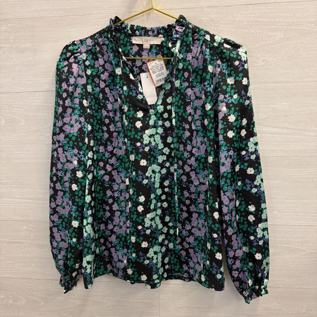 Loft Black/ Purple Silky Floral Print Long Sleeve Top Small