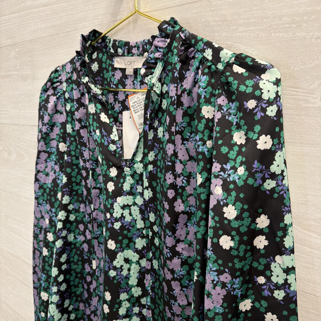 Loft Black/ Purple Silky Floral Print Long Sleeve Top Small