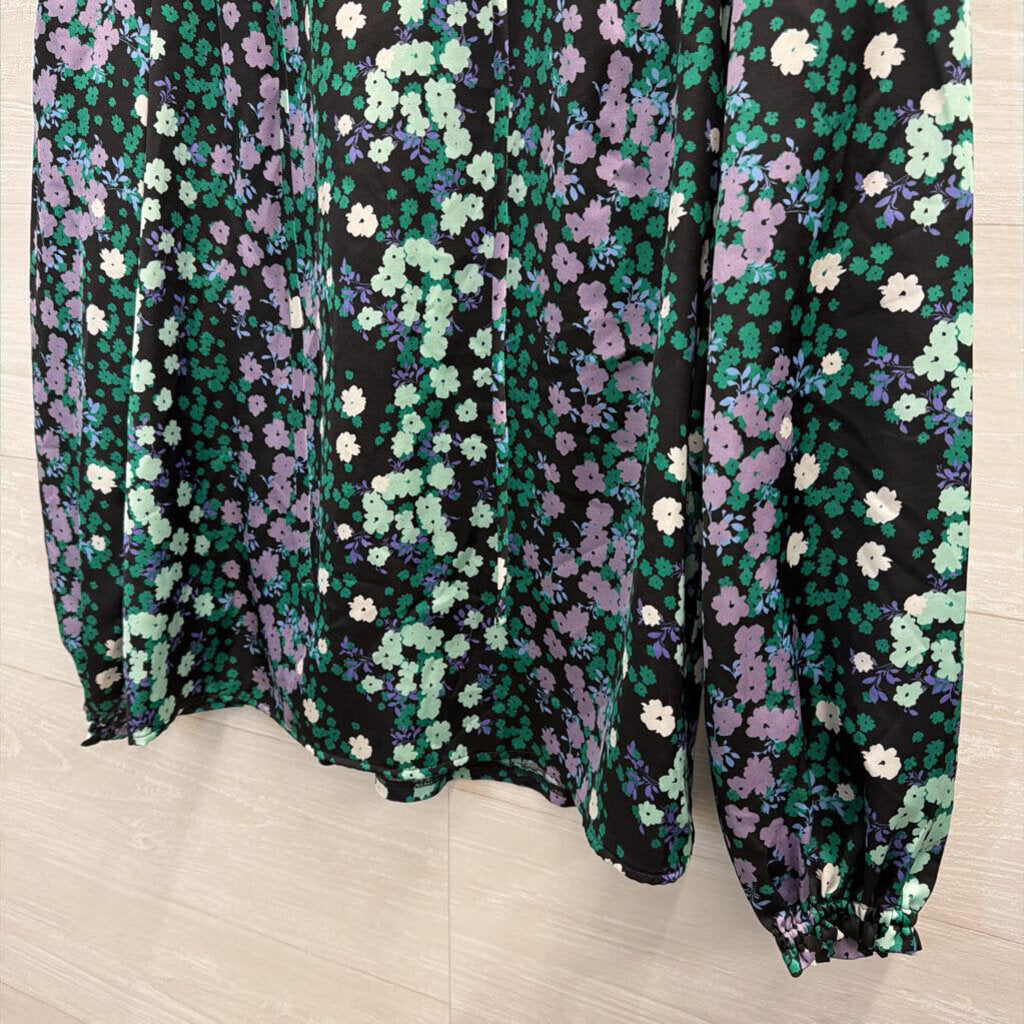 Loft Black/ Purple Silky Floral Print Long Sleeve Top Small