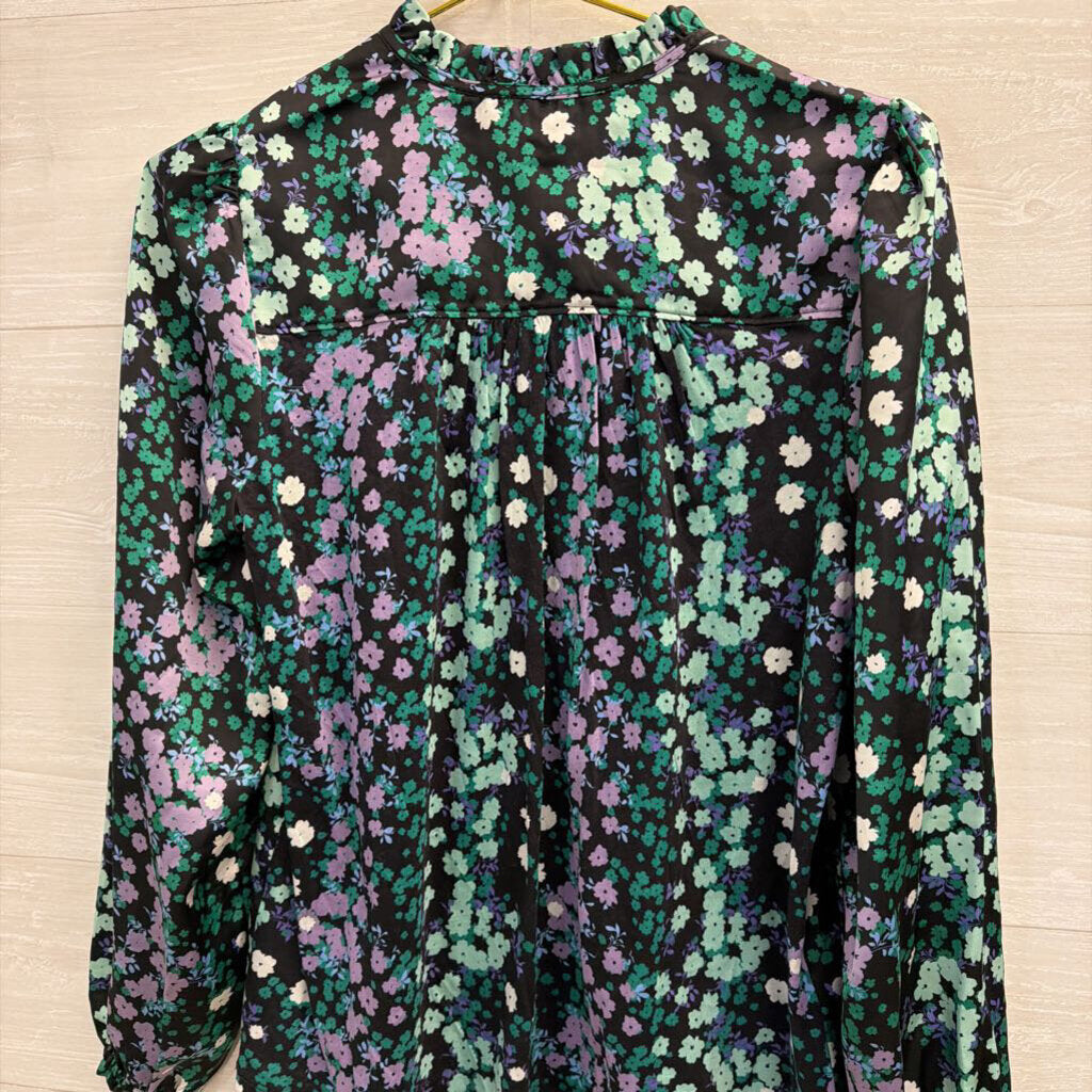 Loft Black/ Purple Silky Floral Print Long Sleeve Top Small