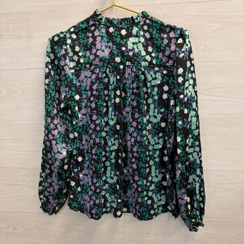 Loft Black/ Purple Silky Floral Print Long Sleeve Top Small