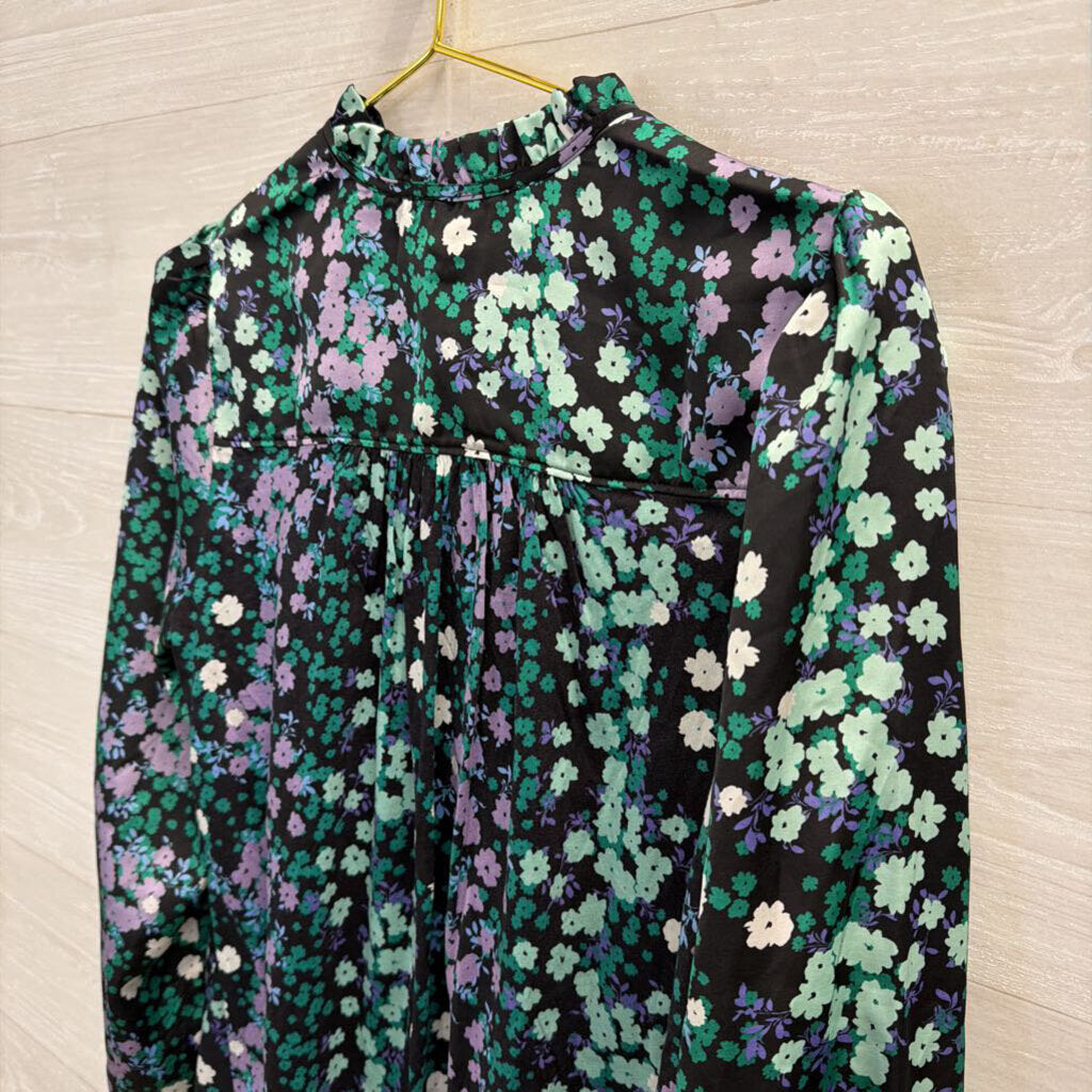 Loft Black/ Purple Silky Floral Print Long Sleeve Top Small