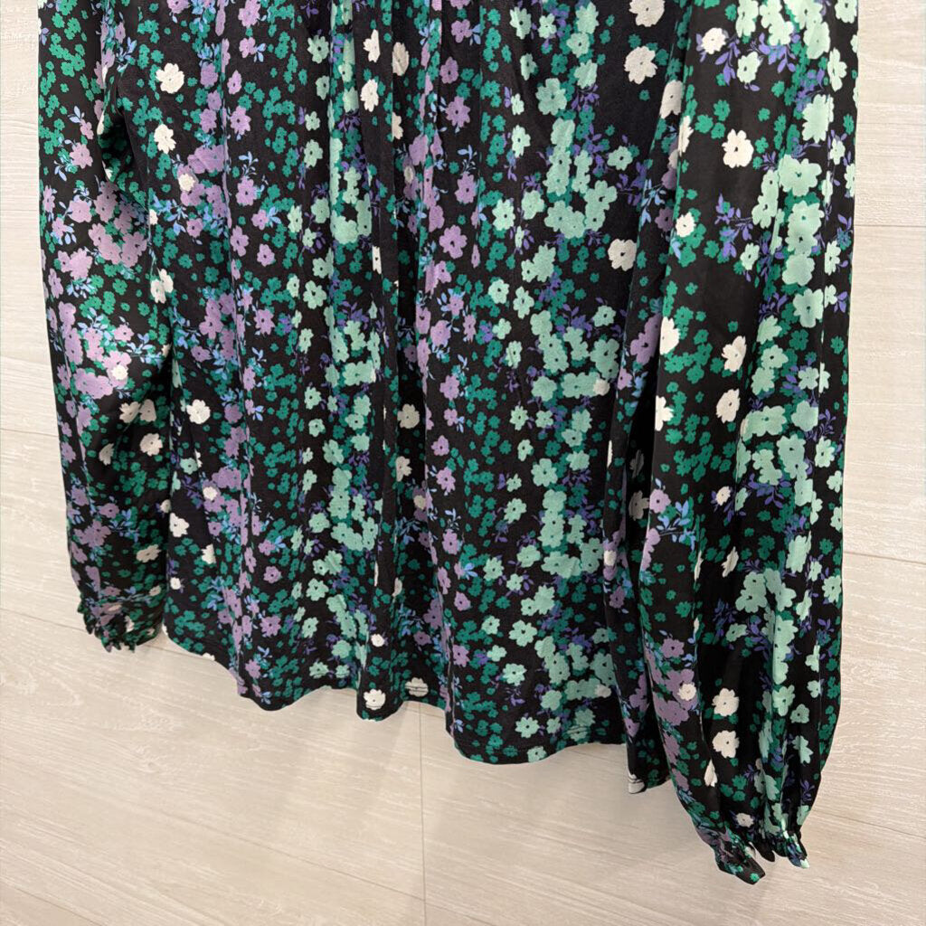 Loft Black/ Purple Silky Floral Print Long Sleeve Top Small