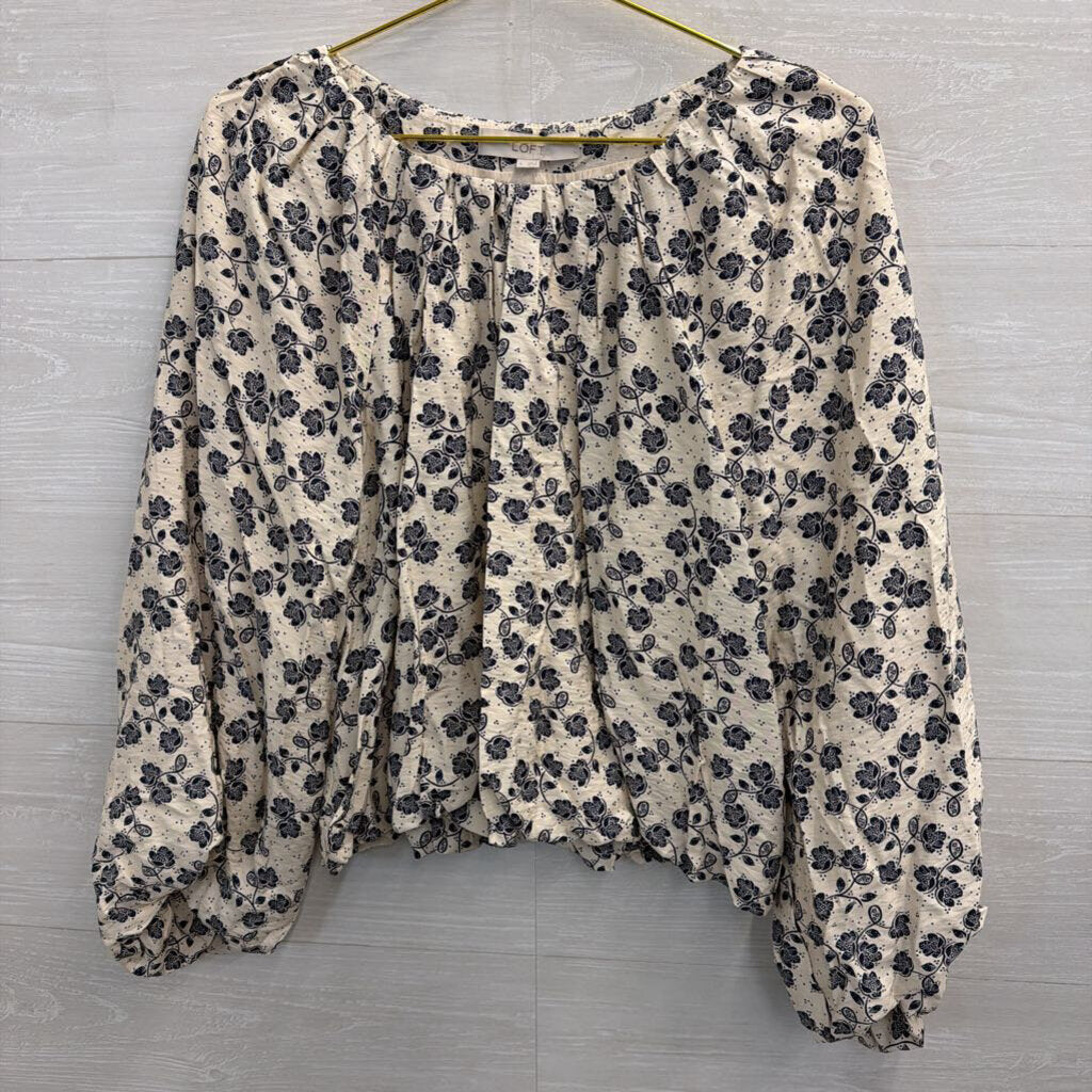 Loft White/ Navy Print Long Sleeve Top Small