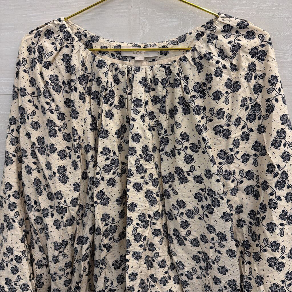 Loft White/ Navy Print Long Sleeve Top Small