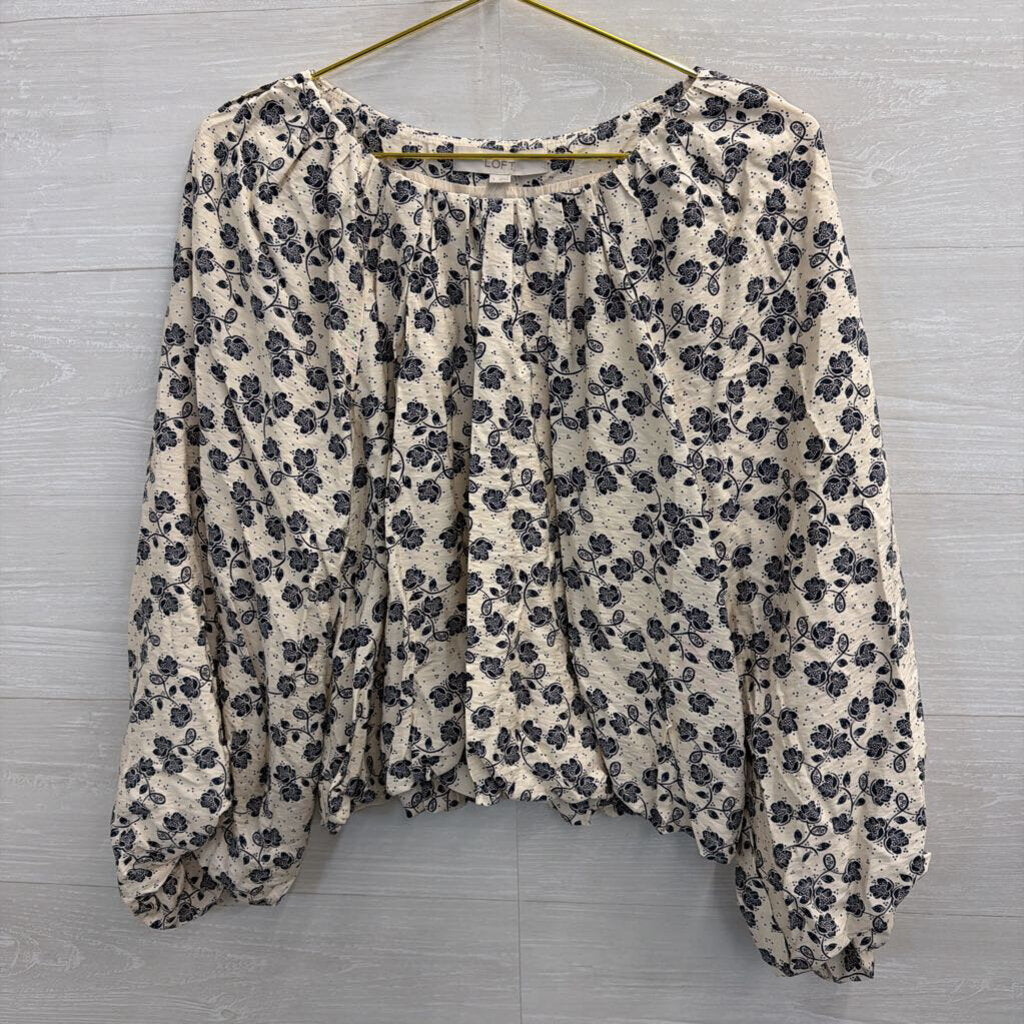 Loft White/ Navy Print Long Sleeve Top Small