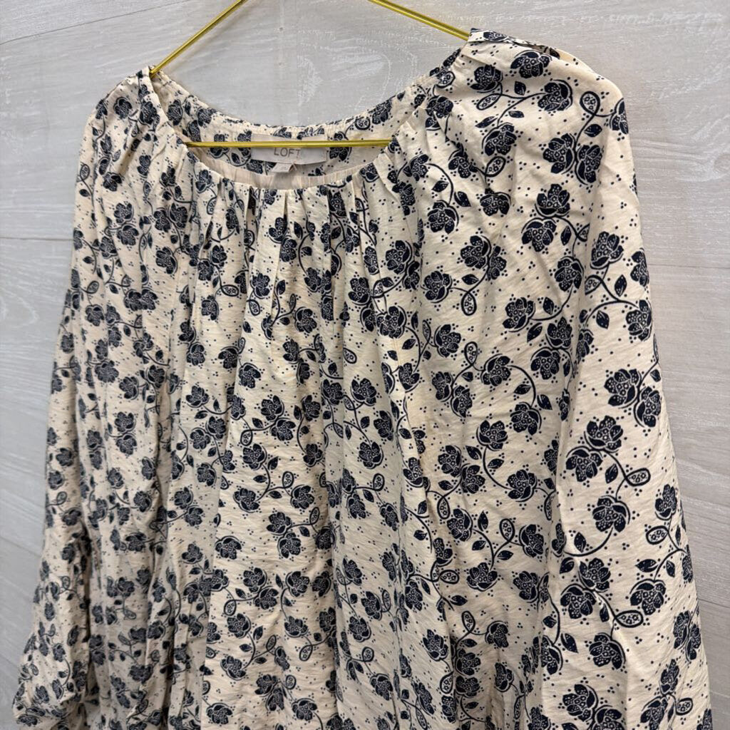 Loft White/ Navy Print Long Sleeve Top Small