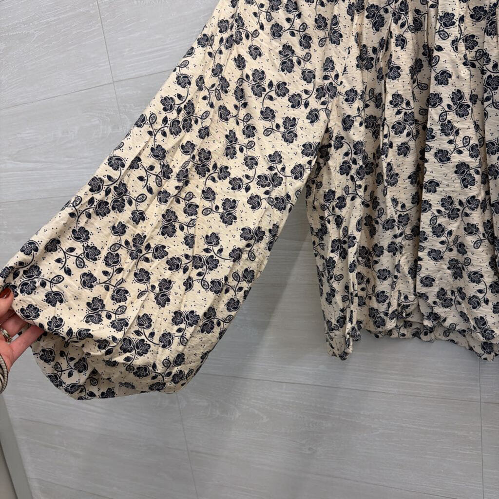 Loft White/ Navy Print Long Sleeve Top Small