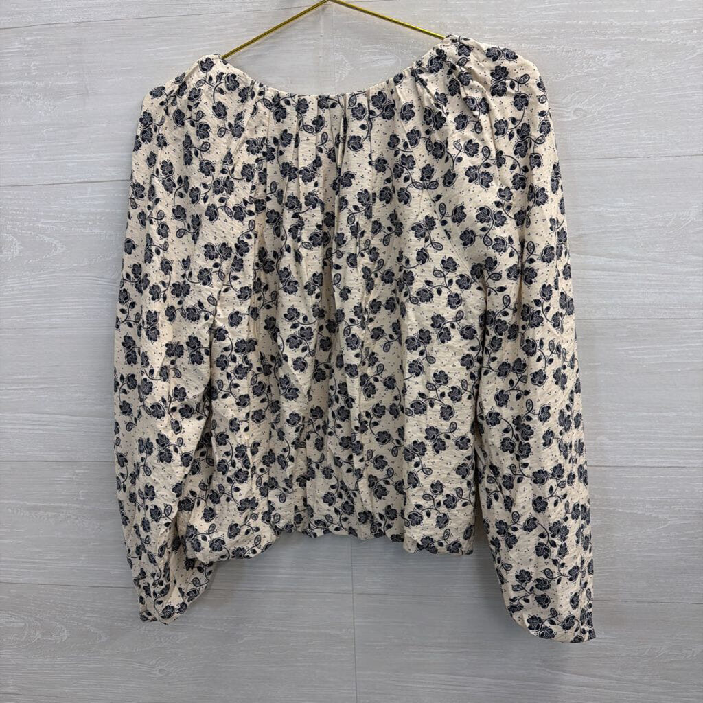 Loft White/ Navy Print Long Sleeve Top Small