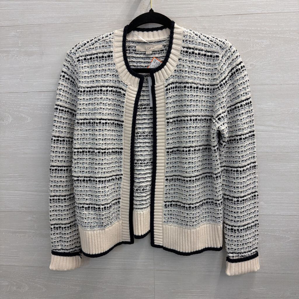 Loft White/ Navy Knit Open Front Cardigan Sweater Small
