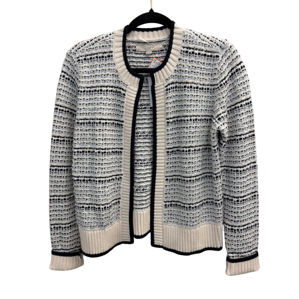 Loft White/ Navy Knit Open Front Cardigan Sweater Small
