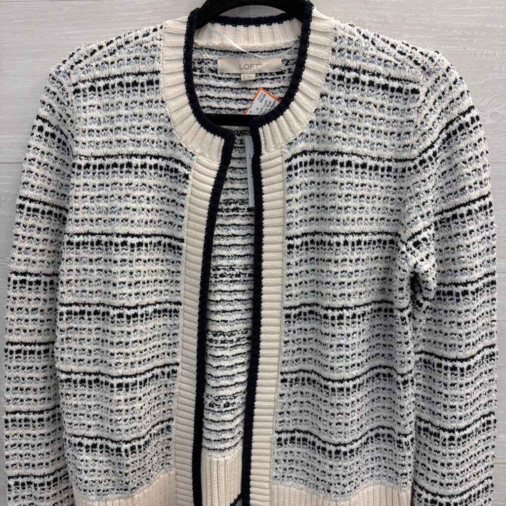 Loft White/ Navy Knit Open Front Cardigan Sweater Small