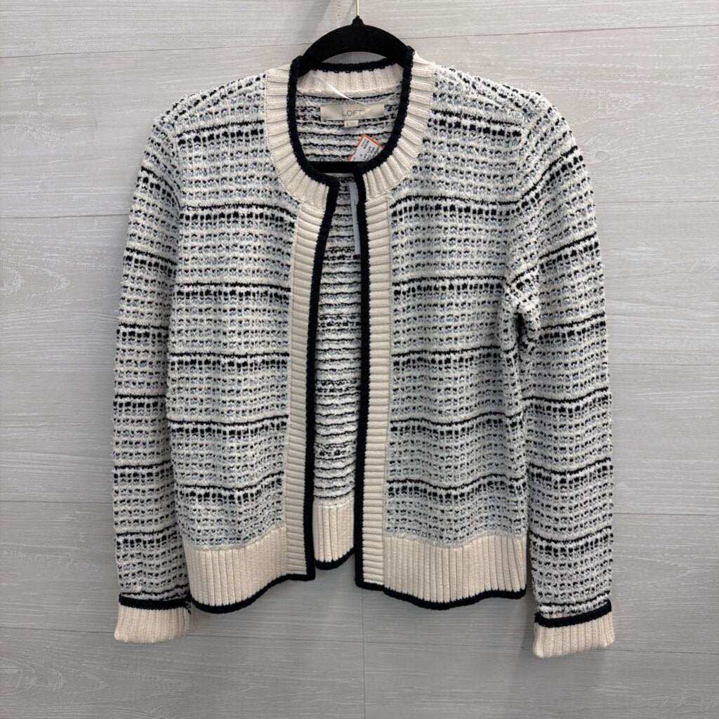 Loft White/ Navy Knit Open Front Cardigan Sweater Small