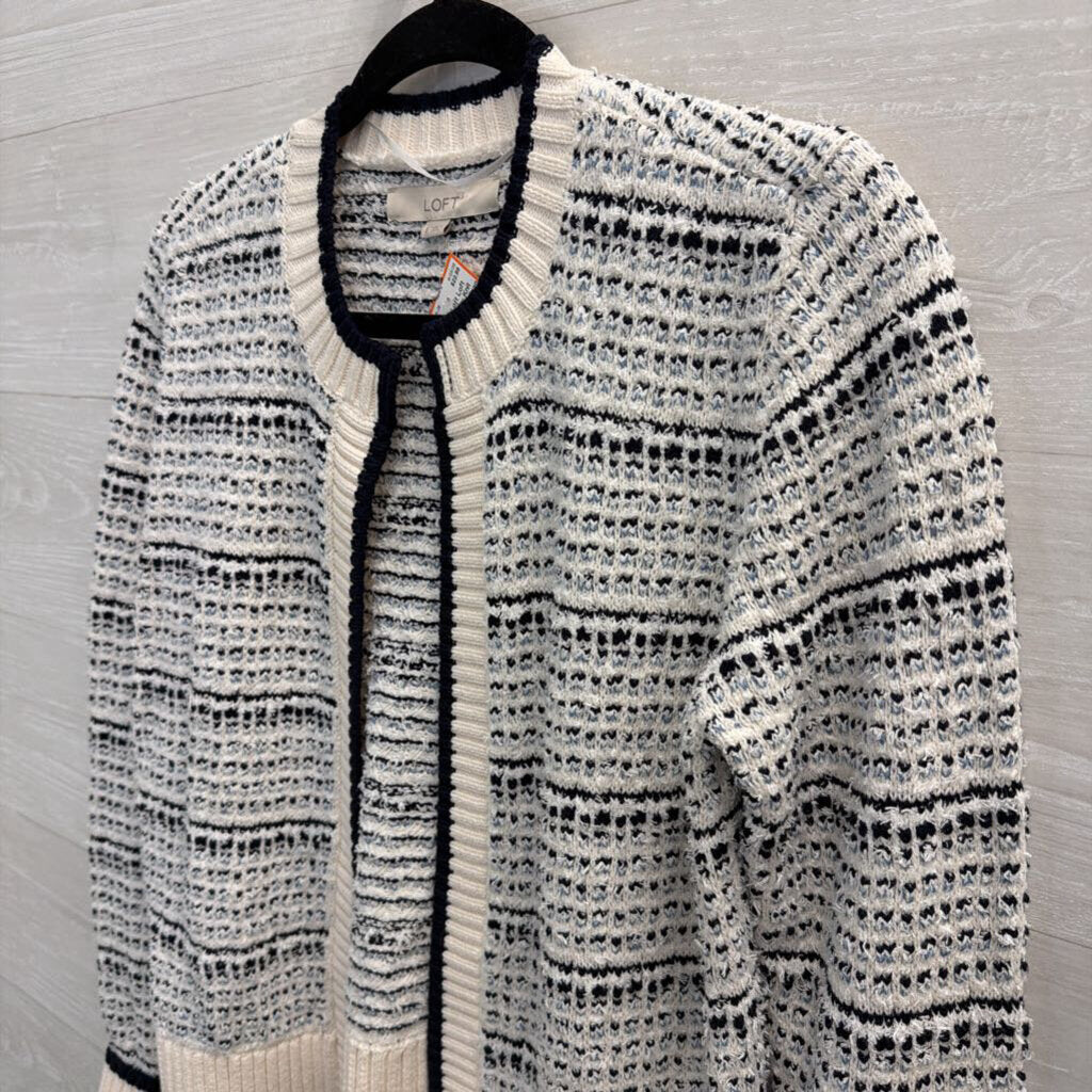 Loft White/ Navy Knit Open Front Cardigan Sweater Small
